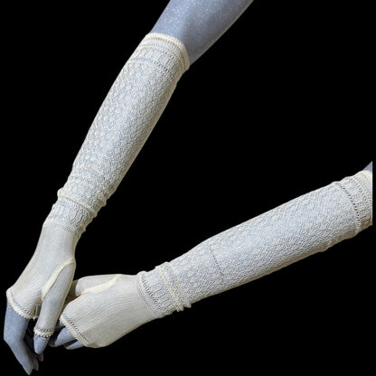 1930s vintage lace opera gloves, fingerless ivory crochet elbow length evening wedding bridal gloves