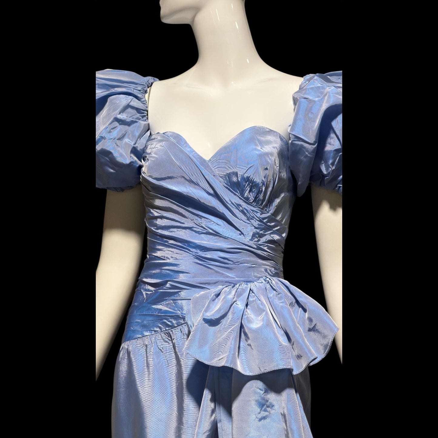 1980s vintage evening dress, Iridescent blue taffeta and ruffles, strapless prom party dress, medium