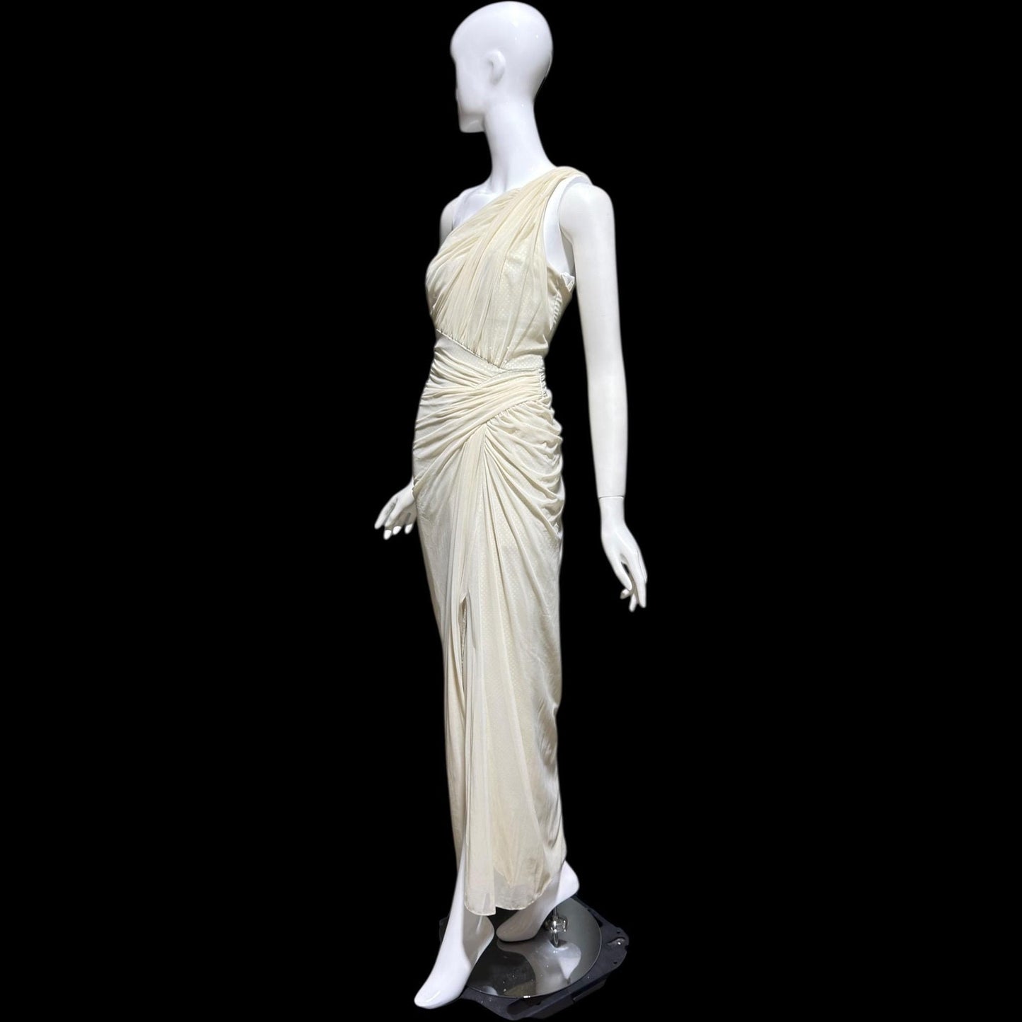 TADASHI Vintage evening dress gown, 1980s Grecian bodycon white ruched gown