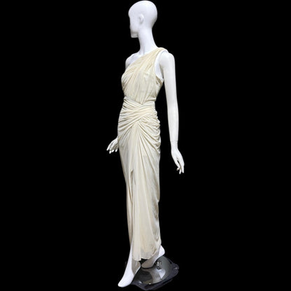 TADASHI Vintage evening dress gown, 1980s Grecian bodycon white ruched gown