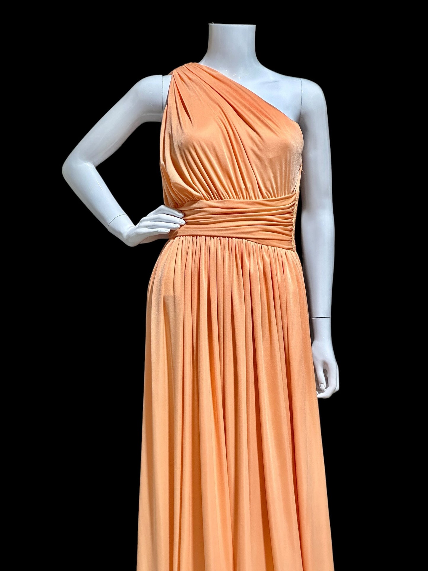 OLE BORDEN for Lillie Rubin, 1970s peach one shoulder evening gown, draped pleated grecian goddess gown