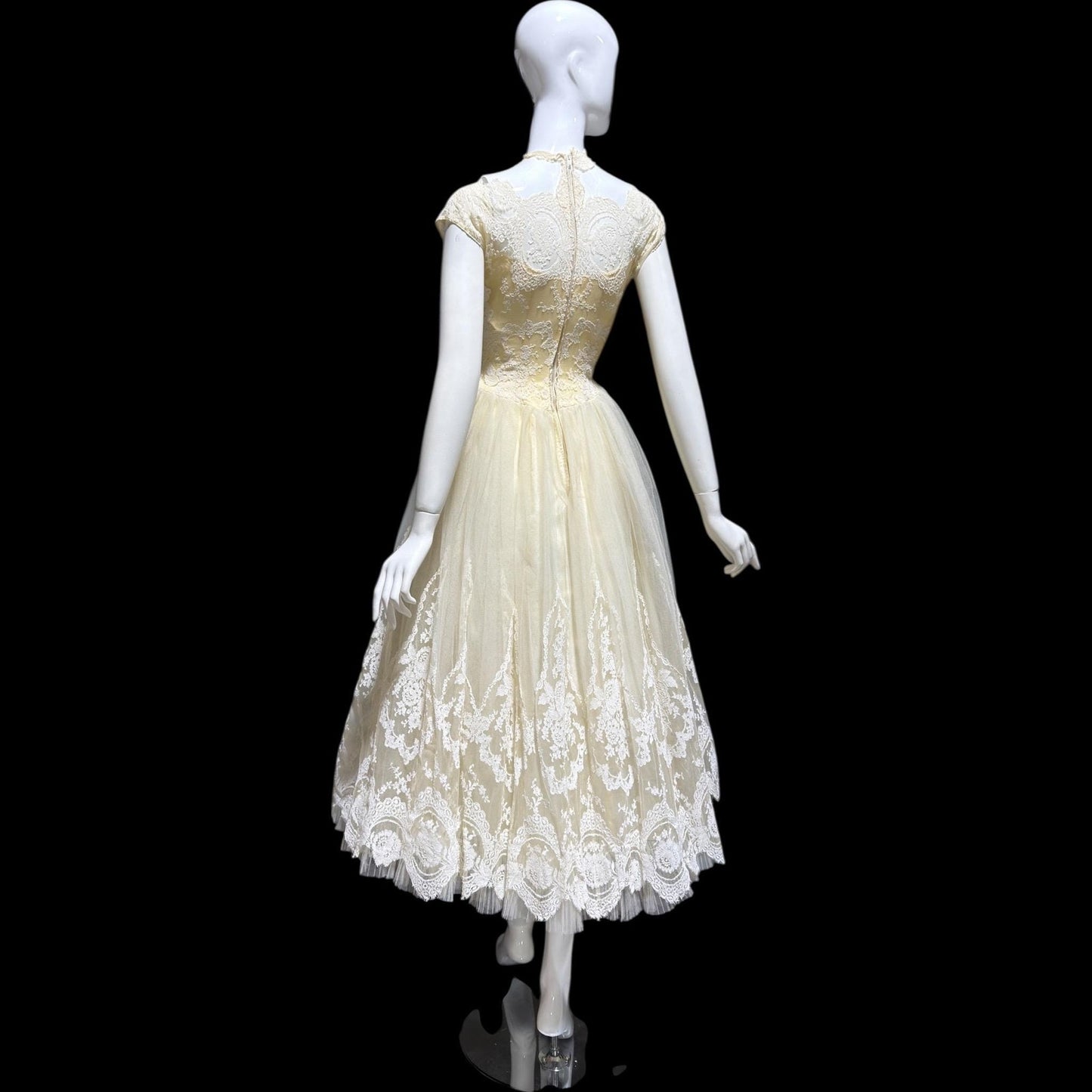 MARIE FOR PANDORA, vintage 1950s wedding dress, Lace high neck Bridal Cupcake Ball Gown