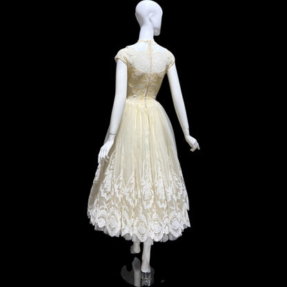 MARIE FOR PANDORA, vintage 1950s wedding dress, Lace high neck Bridal Cupcake Ball Gown