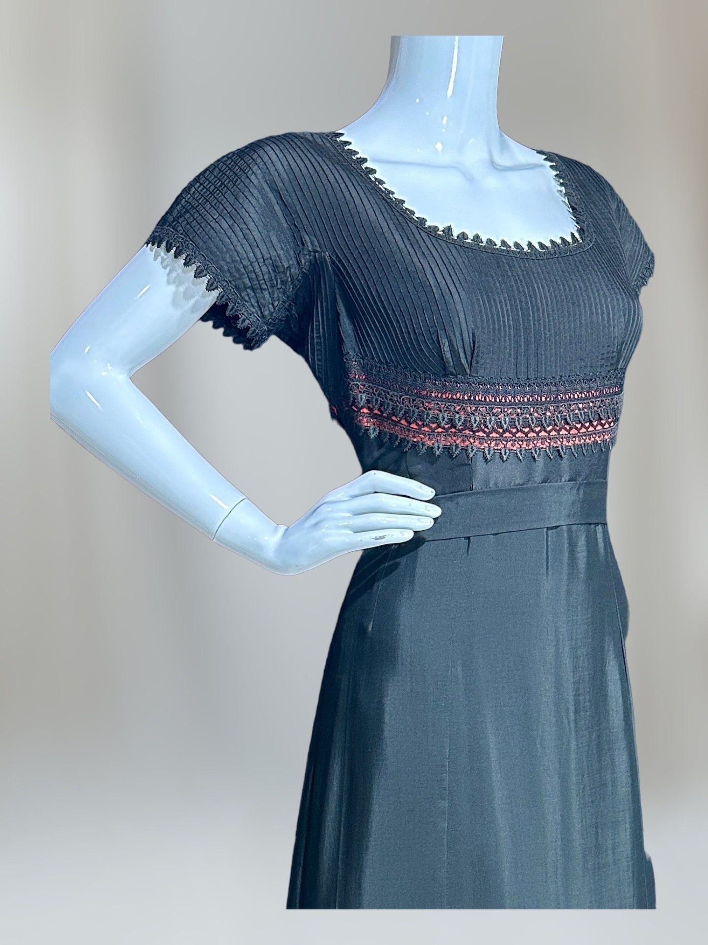 1960s vintage evening dress, Black and red satin gown, Pin tucks and see through lace