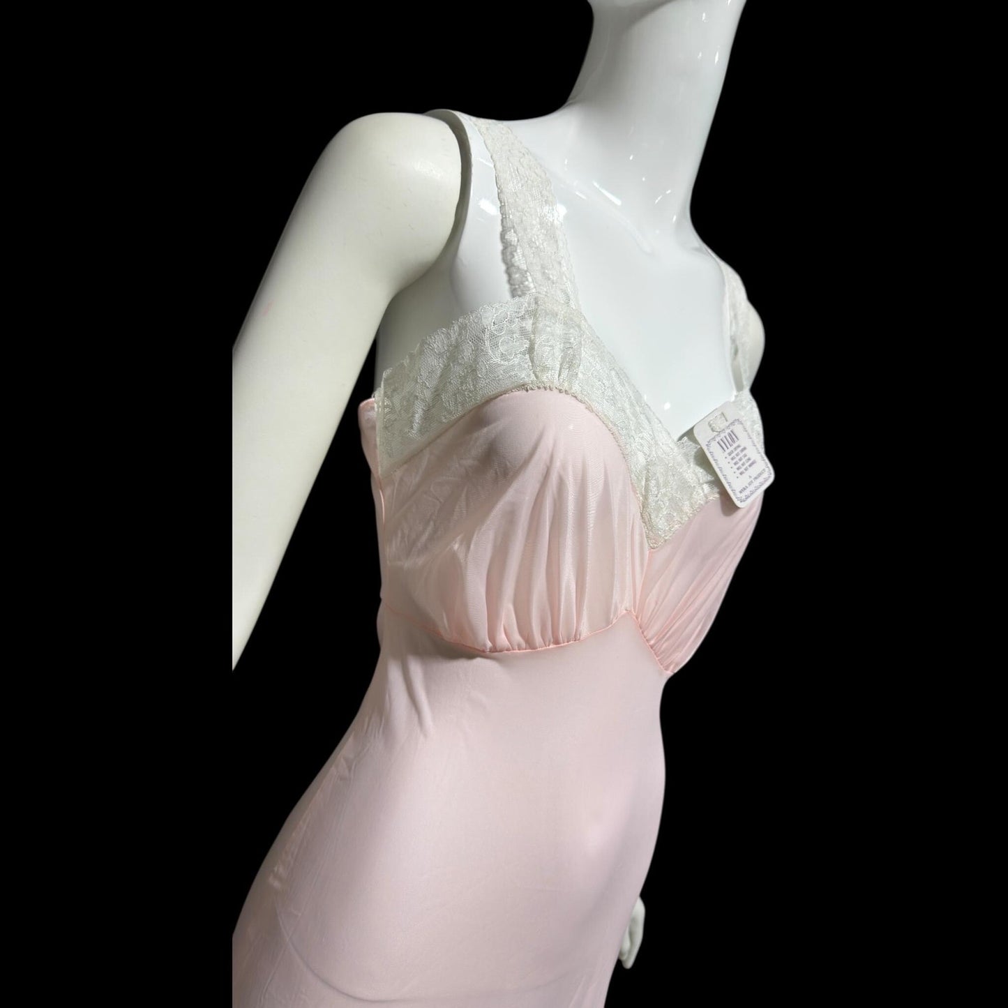 MYRA JOY vintage 1950s Nightgown Lingerie Dress, Sheer Petal pink Nylon Lace Slip Dress