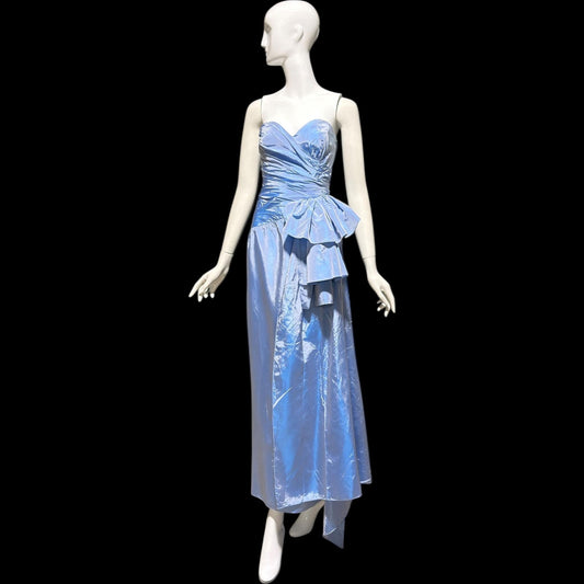 1980s vintage evening dress, Iridescent blue taffeta and ruffles, strapless prom party dress, medium