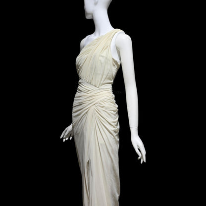 TADASHI Vintage evening dress gown, 1980s Grecian bodycon white ruched gown