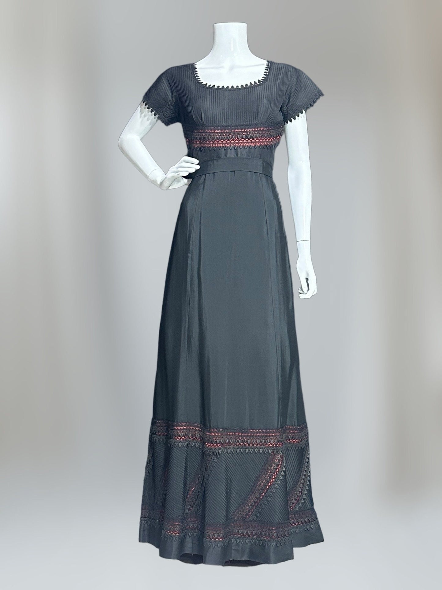 1960s vintage evening dress, Black and red satin gown, Pin tucks and see through lace