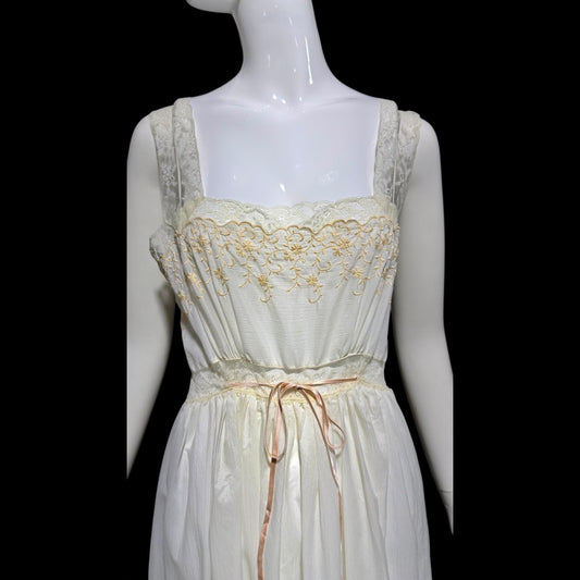 BY IRIS vintage 1940s Nightgown slip dress, Lord & Taylor embroidered white nylon lingerie dress