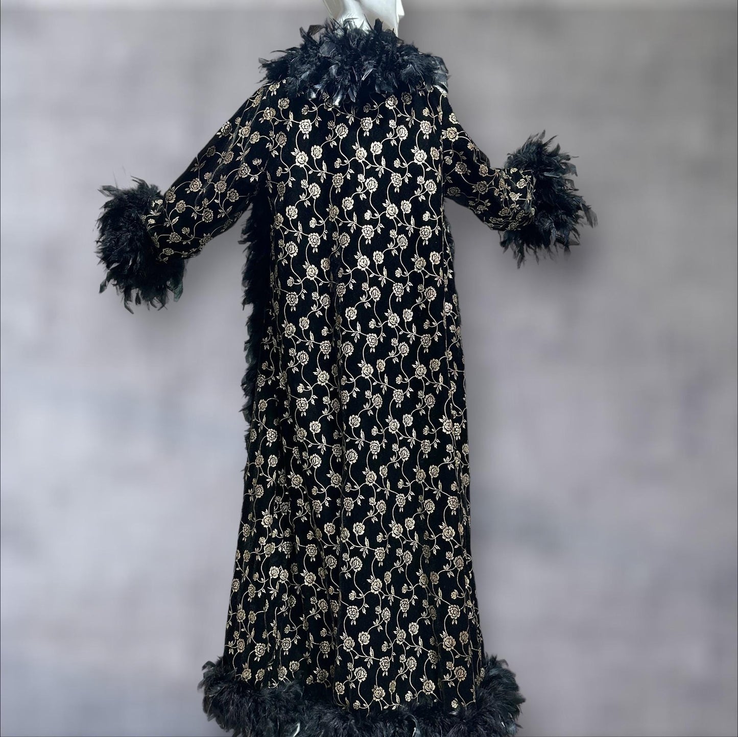 FREDERICK'S of HOLLYWOOD Peignoir nightgown robe set, Black velvet gold roses and FEATHERS, slip and duster