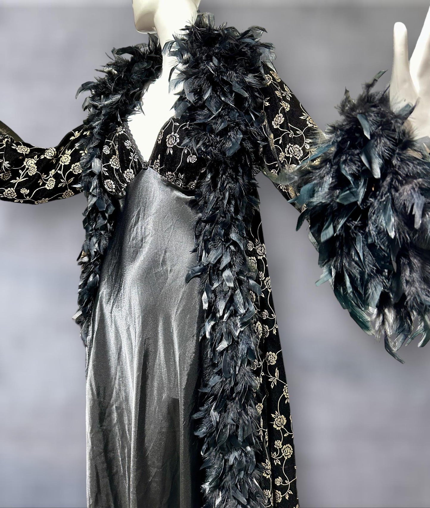 FREDERICK'S of HOLLYWOOD Peignoir nightgown robe set, Black velvet gold roses and FEATHERS, slip and duster