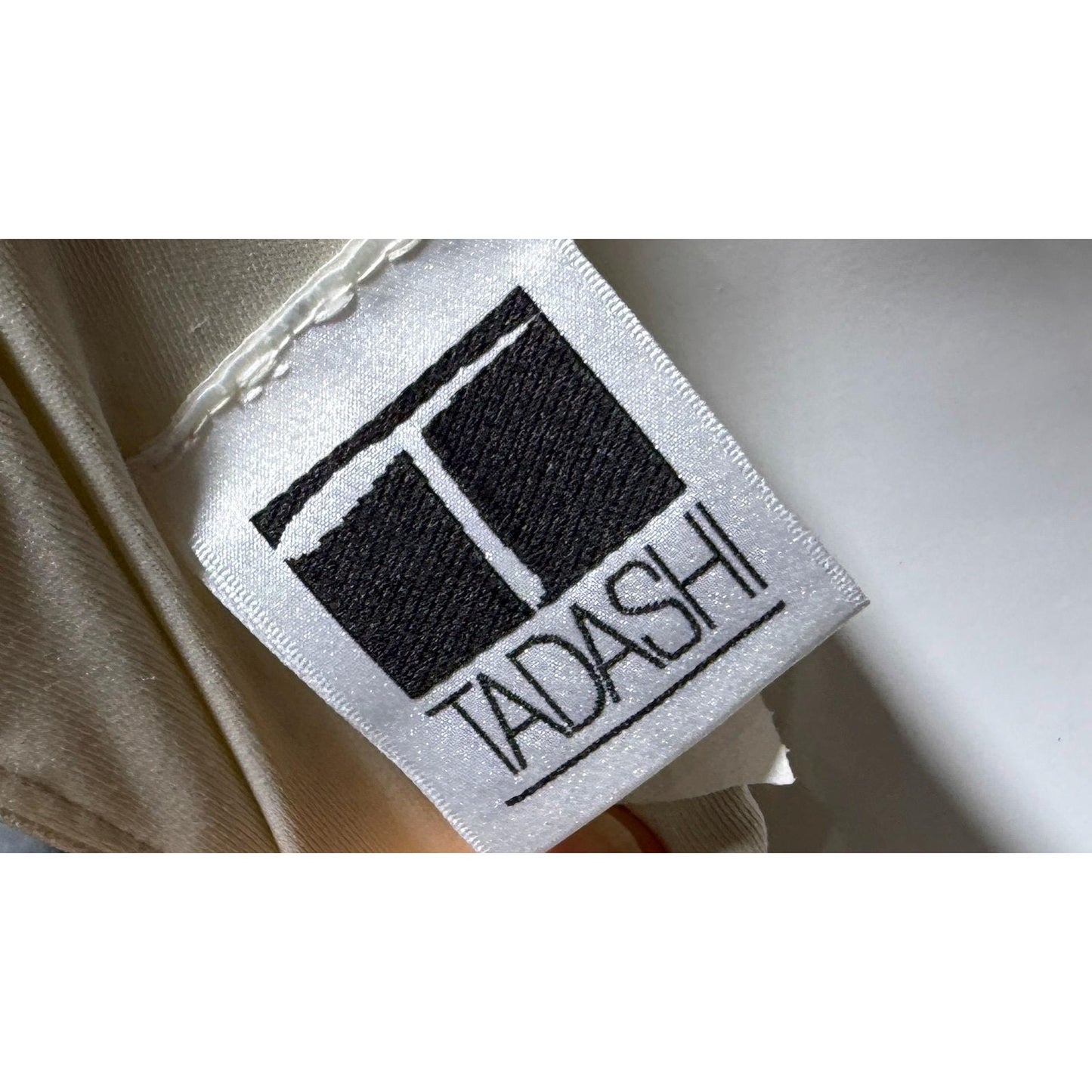 TADASHI Vintage evening dress gown, 1980s Grecian bodycon white ruched gown