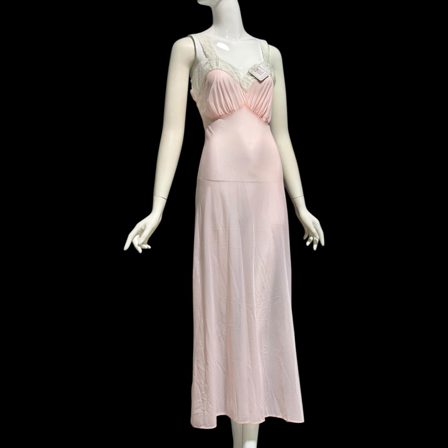 MYRA JOY vintage 1950s Nightgown Lingerie Dress, Sheer Petal pink Nylon Lace Slip Dress