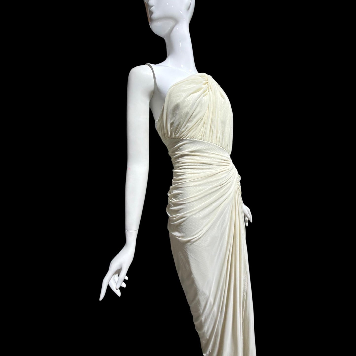 TADASHI Vintage evening dress gown, 1980s Grecian bodycon white ruched gown