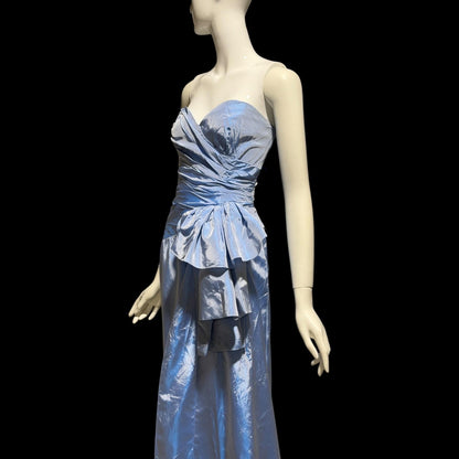 1980s vintage evening dress, Iridescent blue taffeta and ruffles, strapless prom party dress, medium