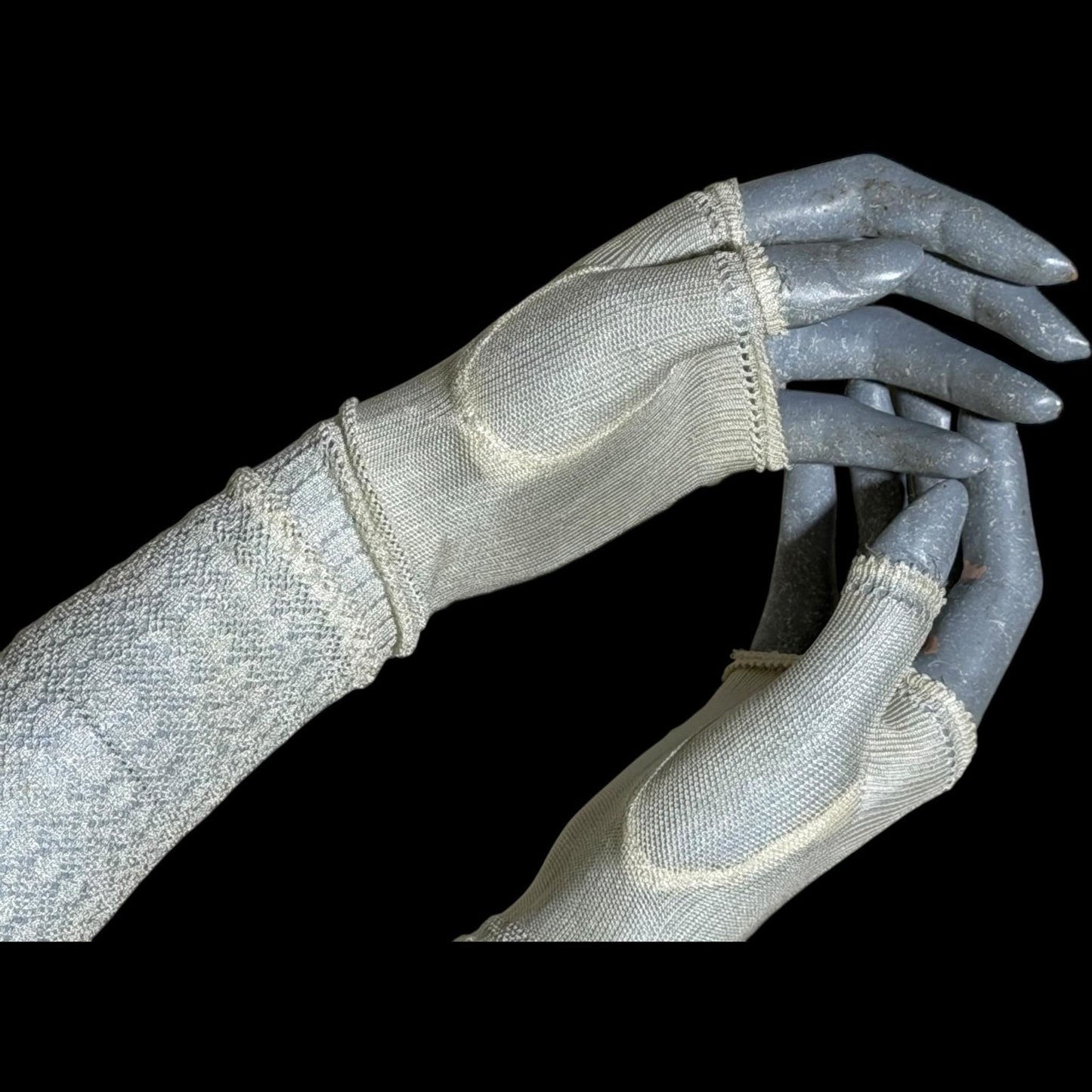 1930s vintage lace opera gloves, fingerless ivory crochet elbow length evening wedding bridal gloves