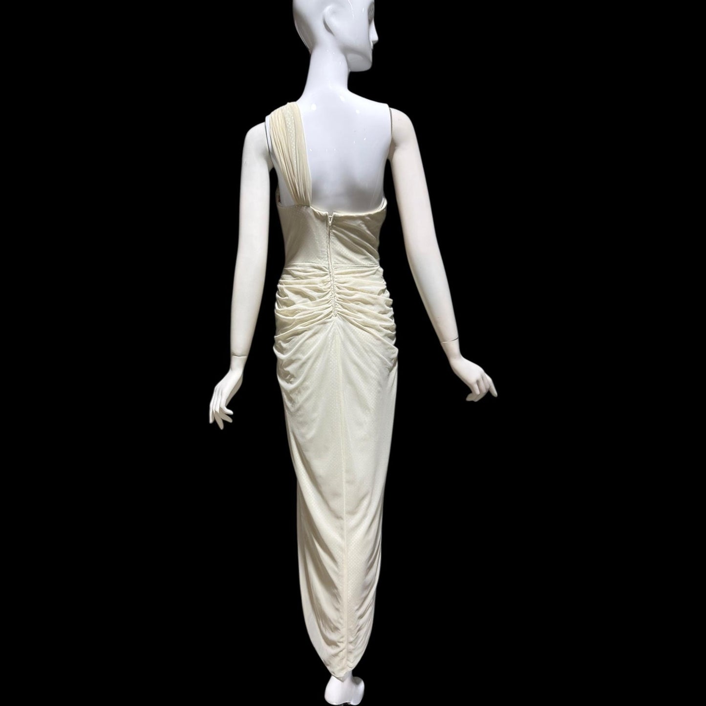 TADASHI Vintage evening dress gown, 1980s Grecian bodycon white ruched gown