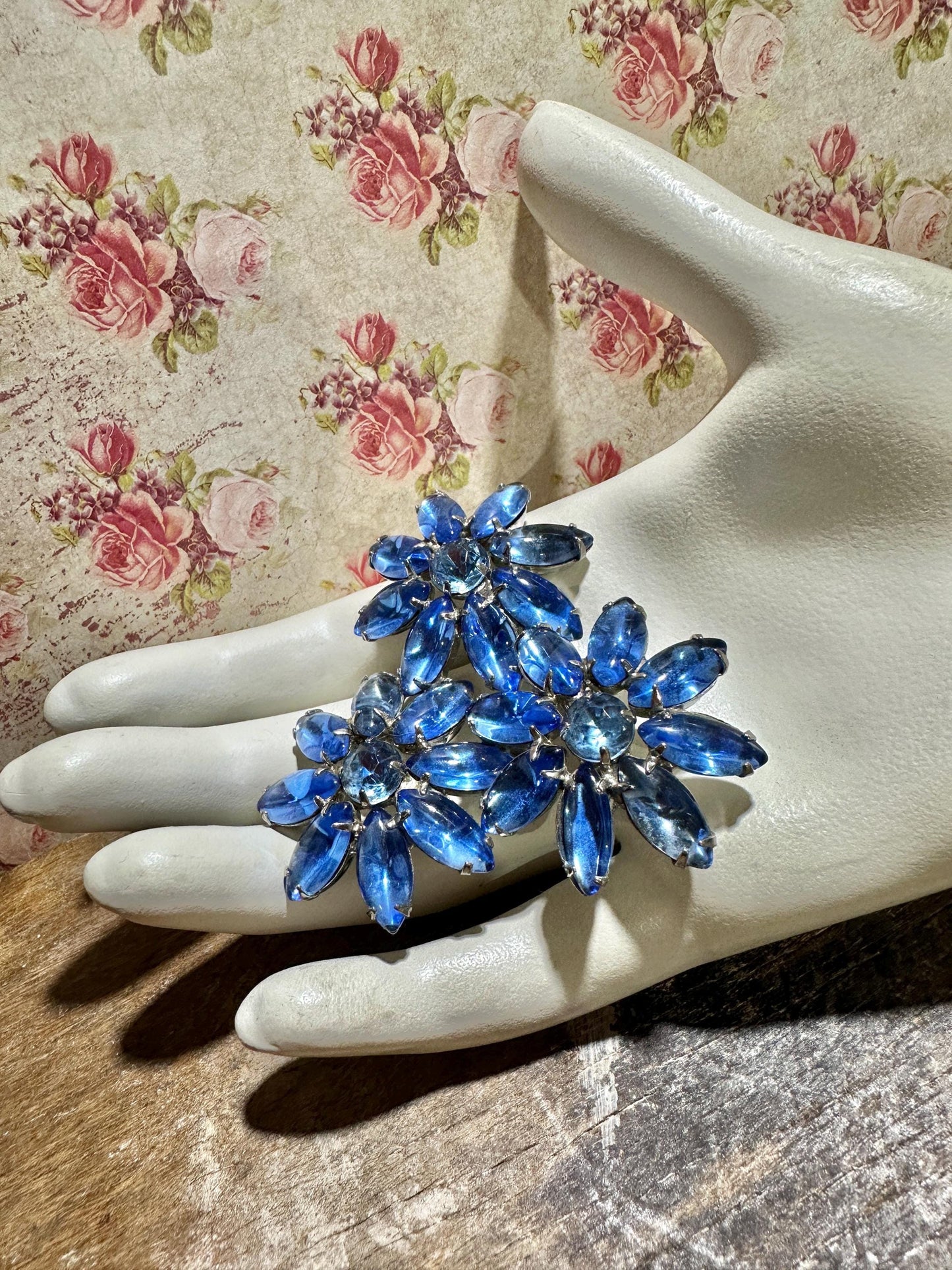 1950s vintage flower brooch pin, blue rhinestone jelly belly large flower trio for lapel hat or scarf