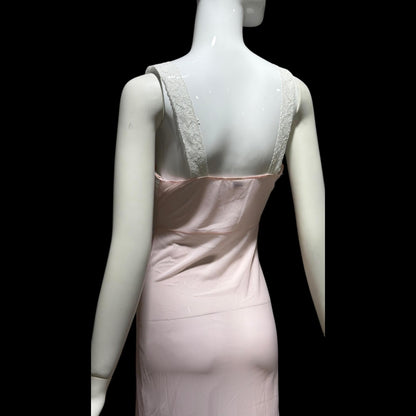 MYRA JOY vintage 1950s Nightgown Lingerie Dress, Sheer Petal pink Nylon Lace Slip Dress