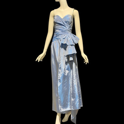 1980s vintage evening dress, Iridescent blue taffeta and ruffles, strapless prom party dress, medium