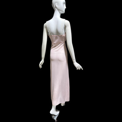 MYRA JOY vintage 1950s Nightgown Lingerie Dress, Sheer Petal pink Nylon Lace Slip Dress