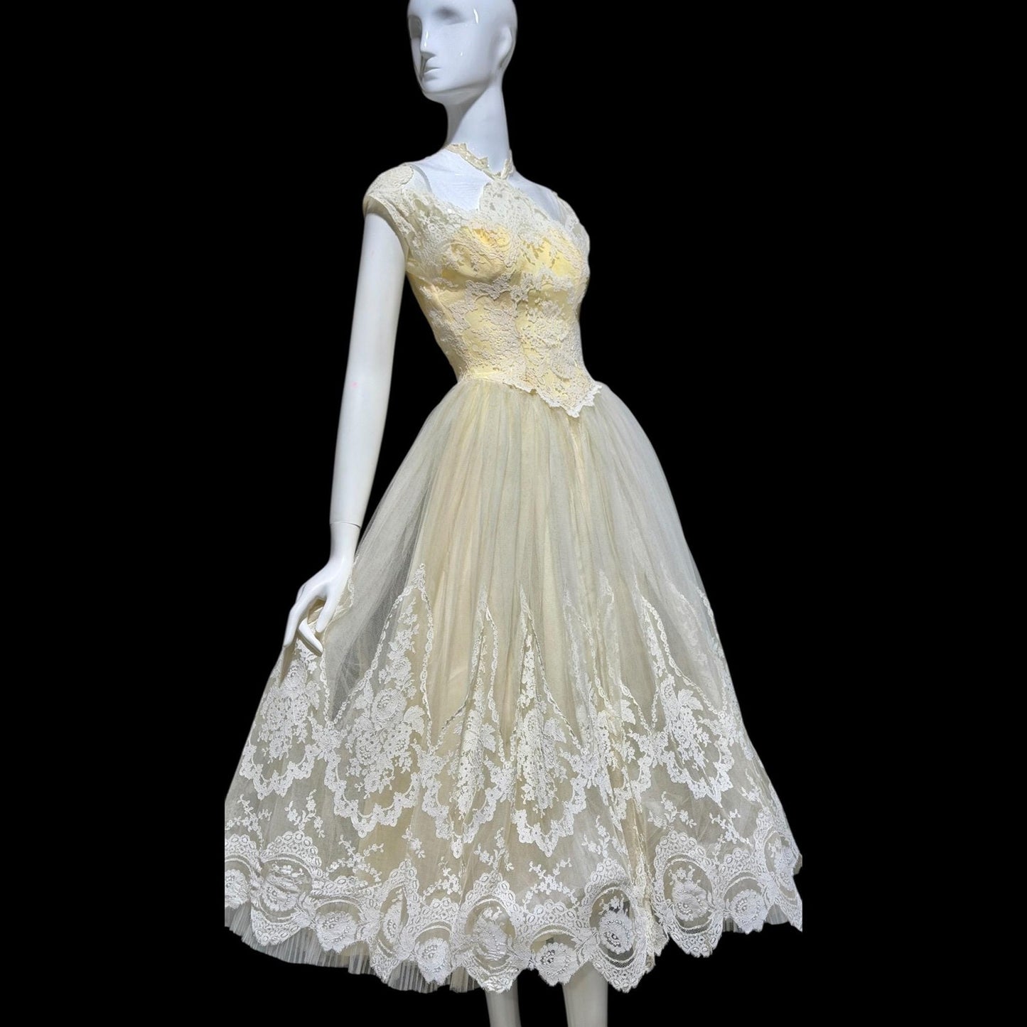 MARIE FOR PANDORA, vintage 1950s wedding dress, Lace high neck Bridal Cupcake Ball Gown