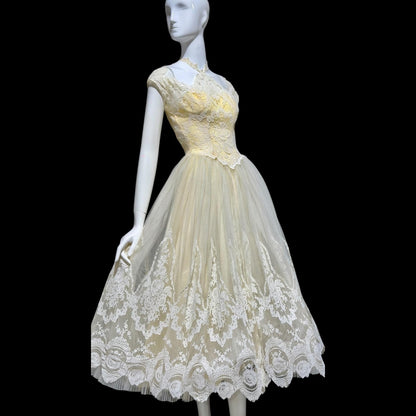 MARIE FOR PANDORA, vintage 1950s wedding dress, Lace high neck Bridal Cupcake Ball Gown