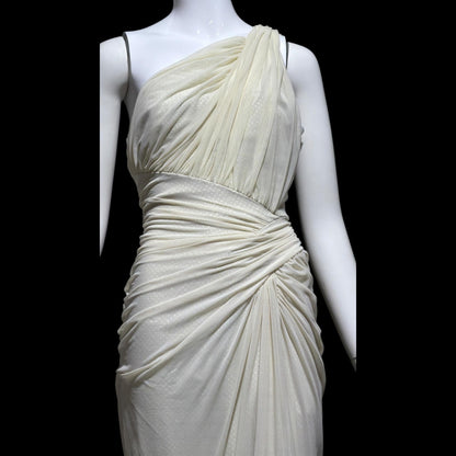 TADASHI Vintage evening dress gown, 1980s Grecian bodycon white ruched gown