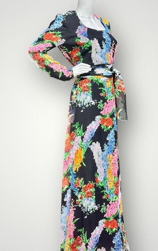 RAZOOK'S vintage evening dress, poly chiffon floral maxi dress