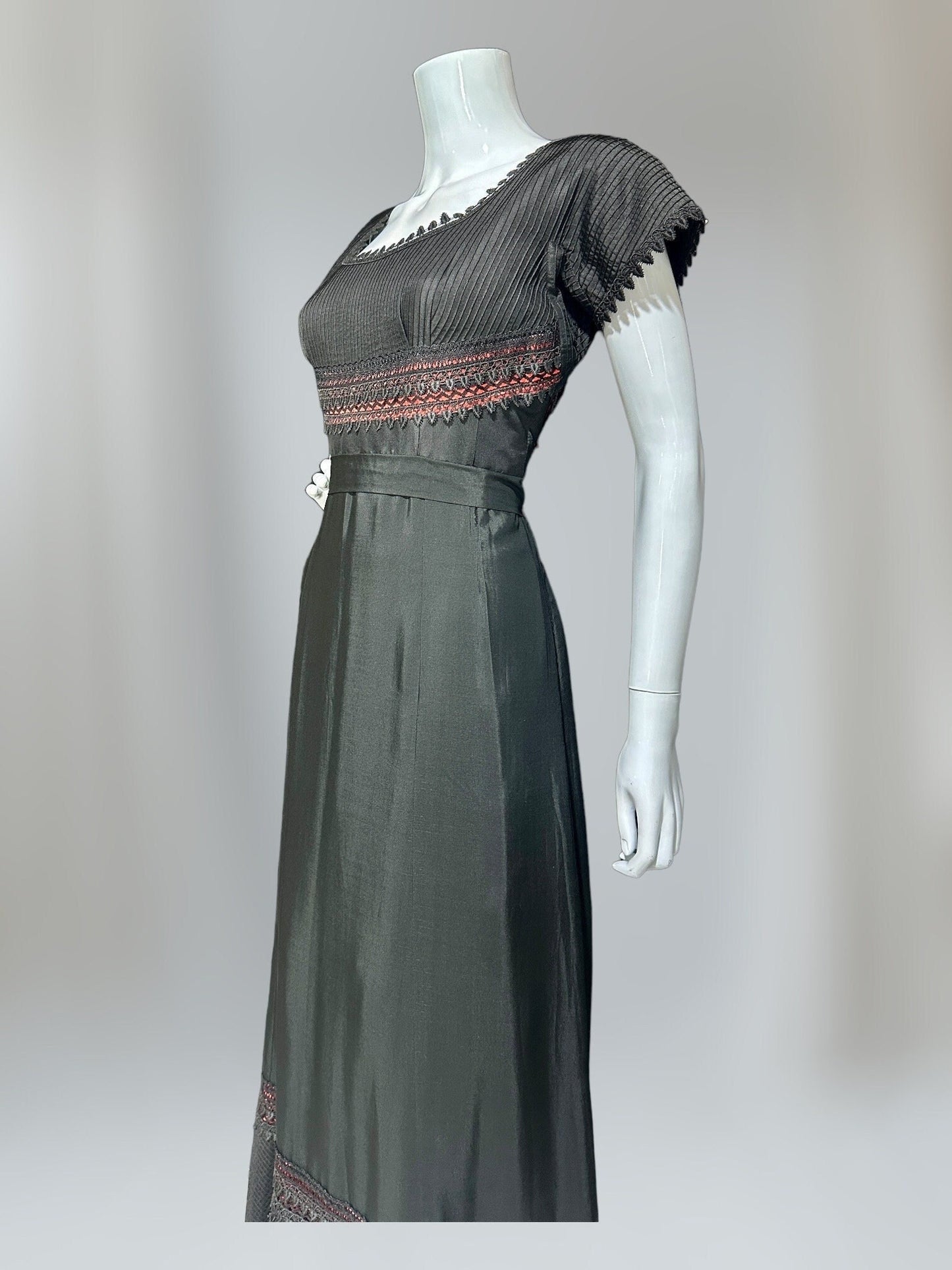 1960s vintage evening dress, Black and red satin gown, Pin tucks and see through lace