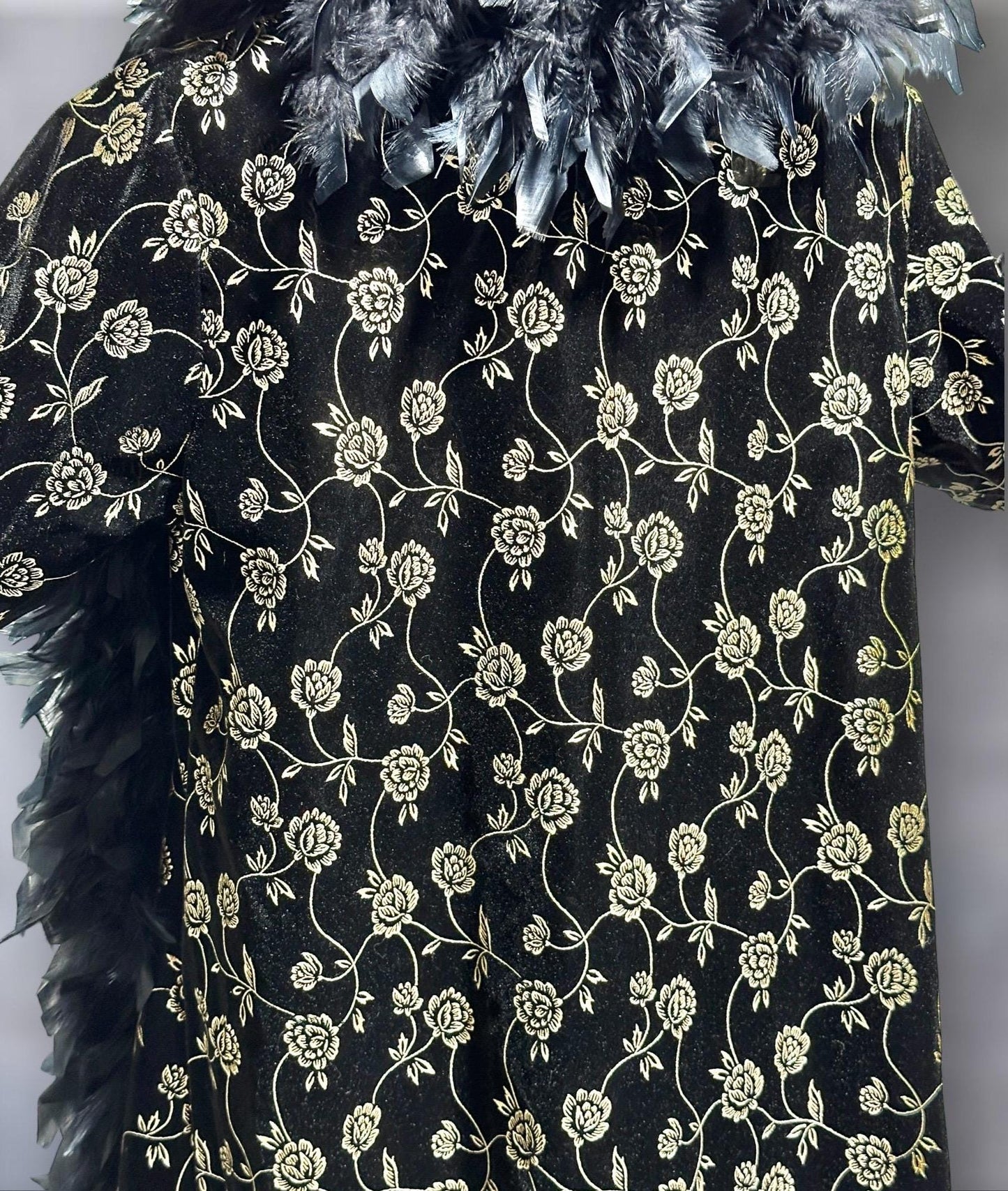 FREDERICK'S of HOLLYWOOD Peignoir nightgown robe set, Black velvet gold roses and FEATHERS, slip and duster