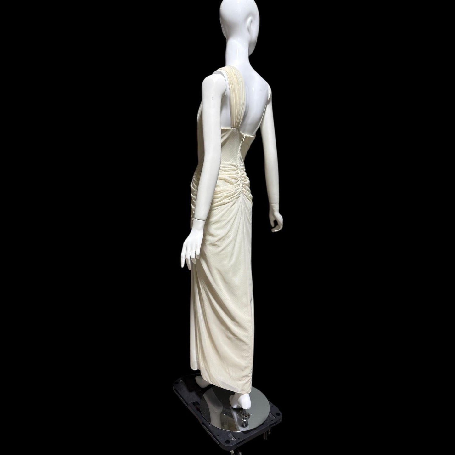 TADASHI Vintage evening dress gown, 1980s Grecian bodycon white ruched gown