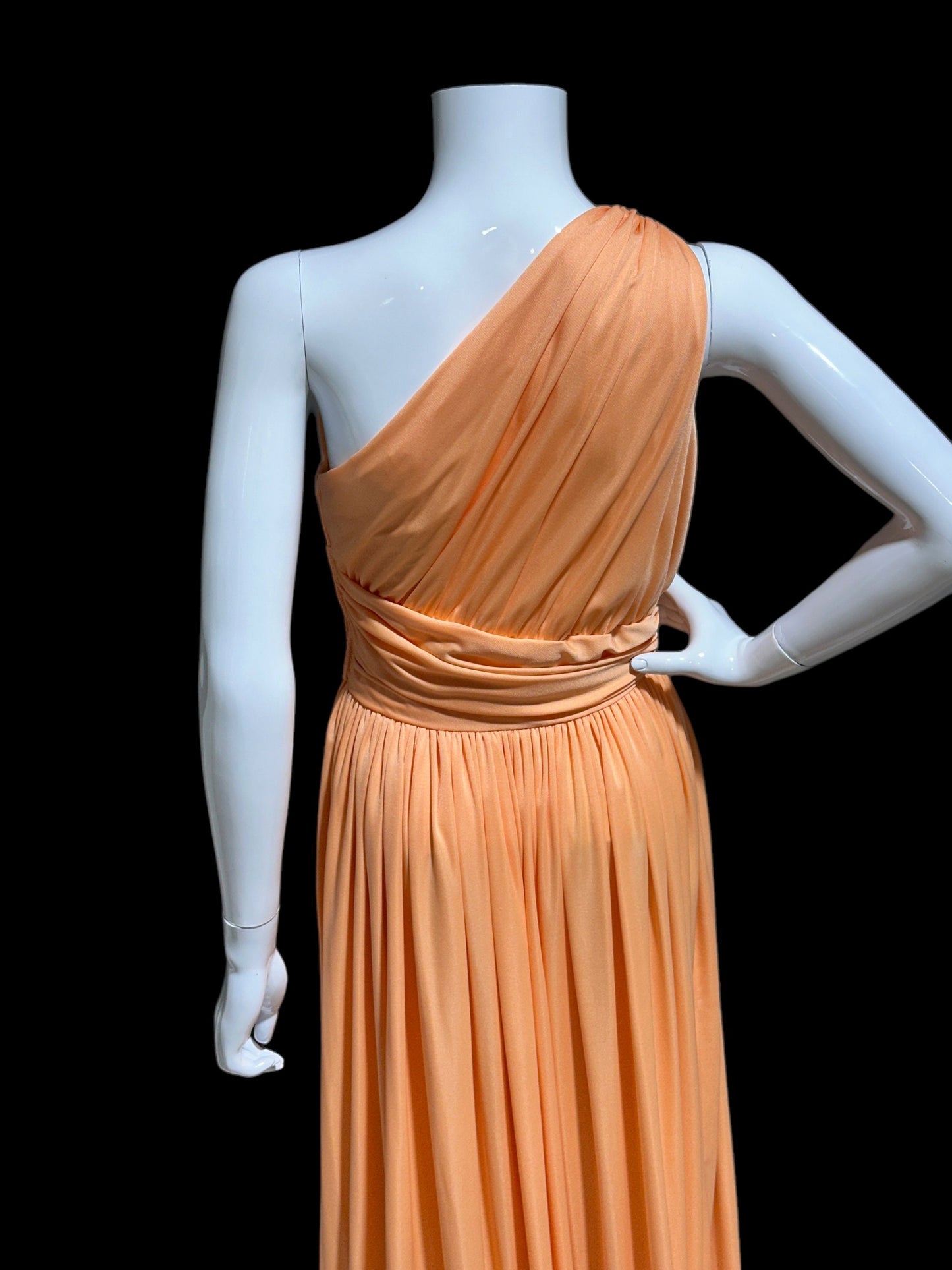 OLE BORDEN for Lillie Rubin, 1970s peach one shoulder evening gown, draped pleated grecian goddess gown