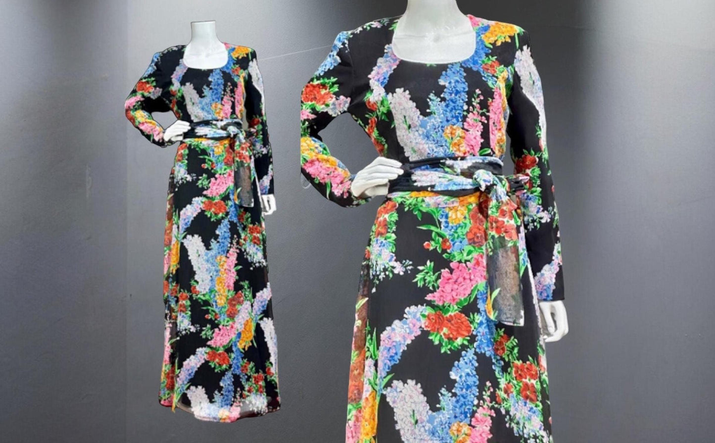 RAZOOK'S vintage evening dress, poly chiffon floral maxi dress