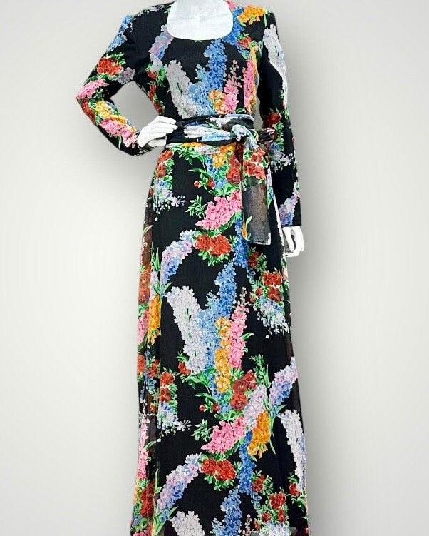 RAZOOK'S vintage evening dress, poly chiffon floral maxi dress