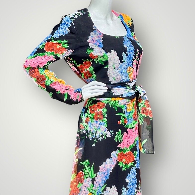 RAZOOK'S vintage evening dress, poly chiffon floral maxi dress