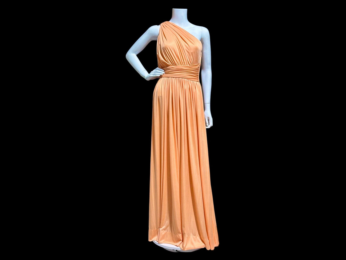 OLE BORDEN for Lillie Rubin, 1970s peach one shoulder evening gown, draped pleated grecian goddess gown