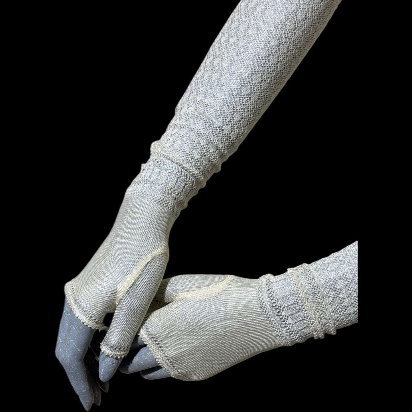 1930s vintage lace opera gloves, fingerless ivory crochet elbow length evening wedding bridal gloves