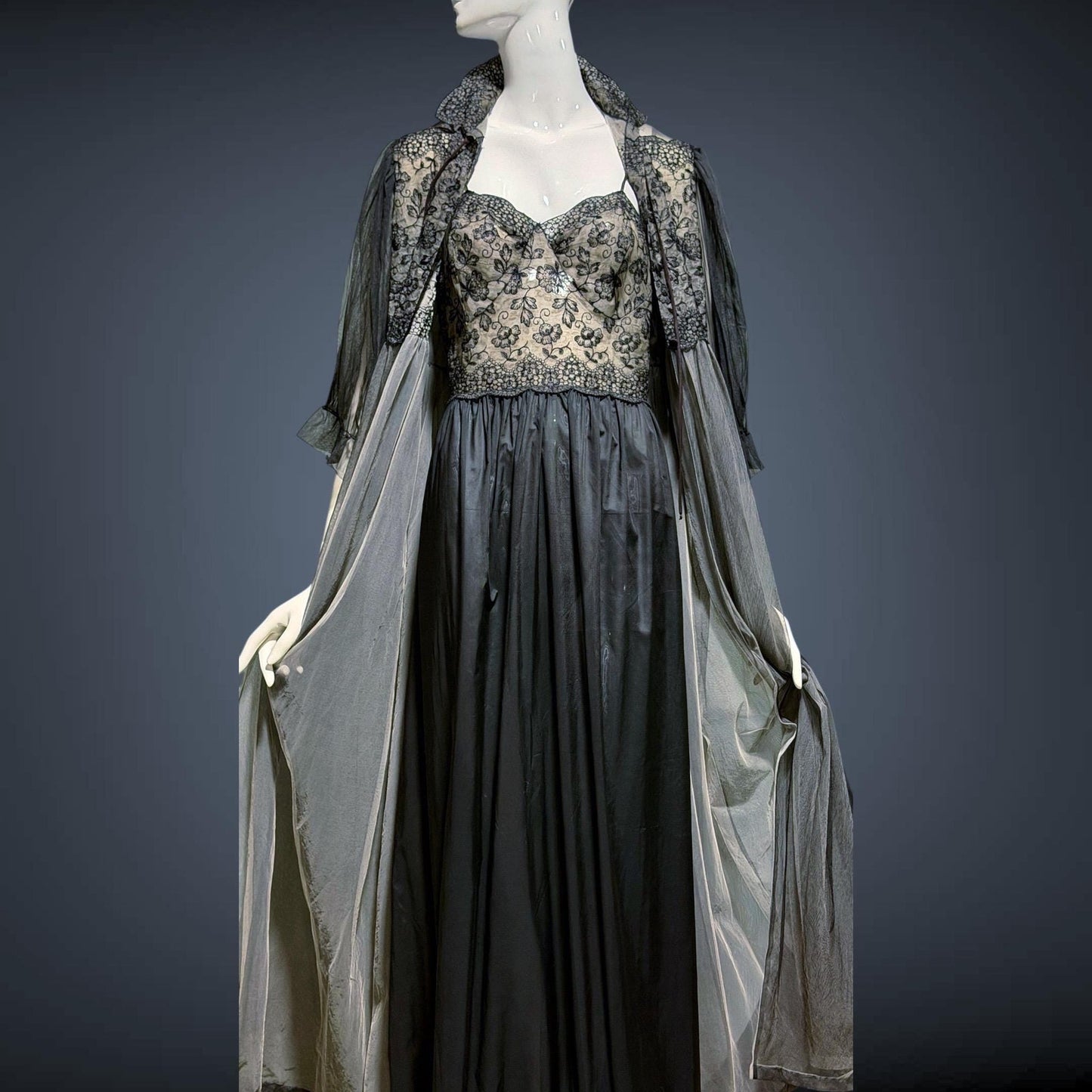 EYEFUL Vintage nightgown robe set, 1950s peignoir set, sheer black Old Hollywood lingerie dress