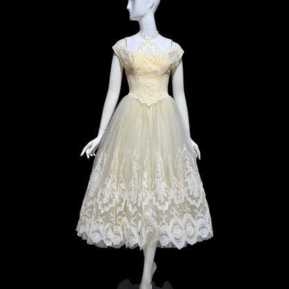 MARIE FOR PANDORA, vintage 1950s wedding dress, Lace high neck Bridal Cupcake Ball Gown
