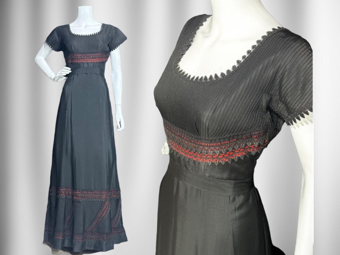 1960s vintage evening dress, Black and red satin gown, Pin tucks and see through lace