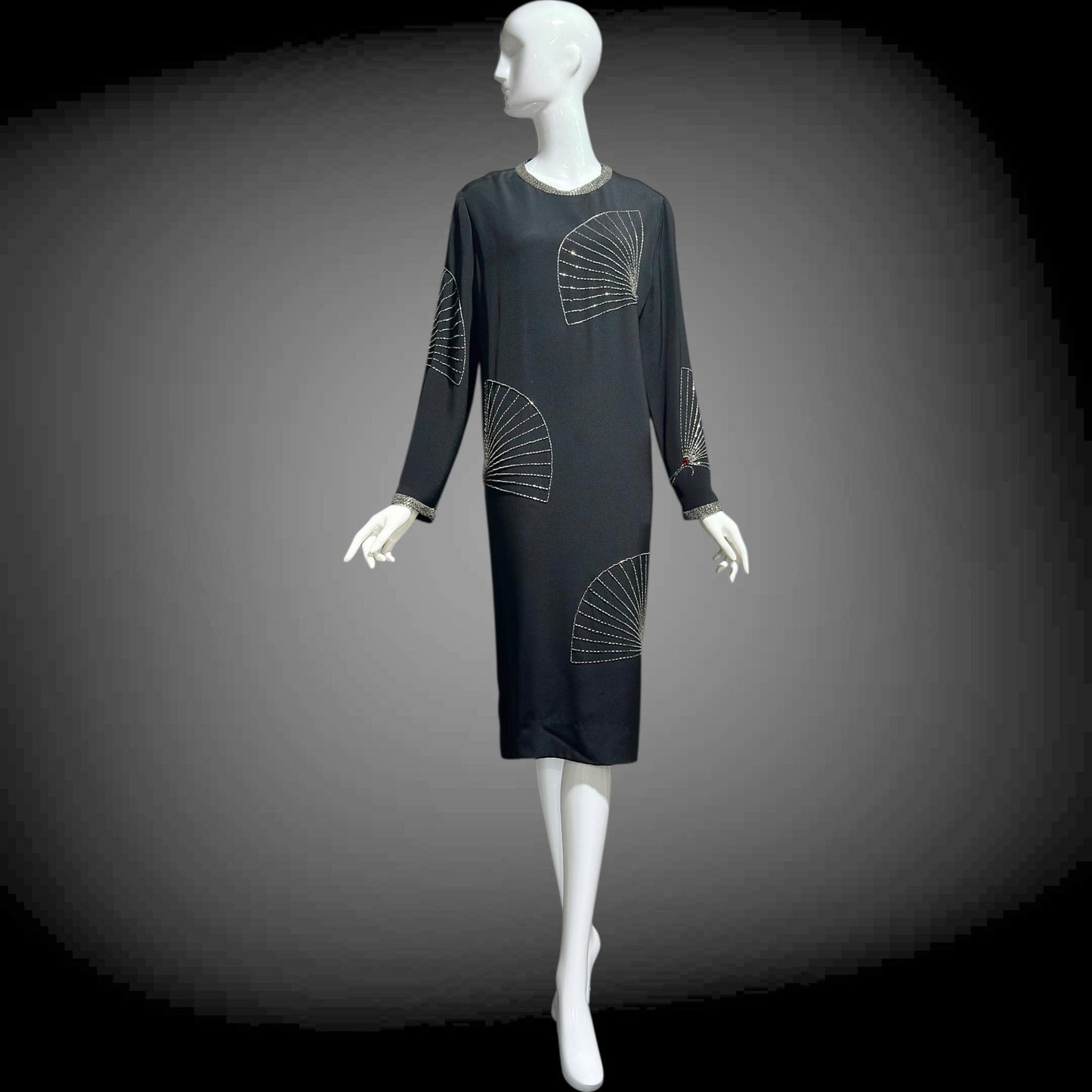 ADELE SIMPSON 1980s black cocktail party shift dress with beaded fans