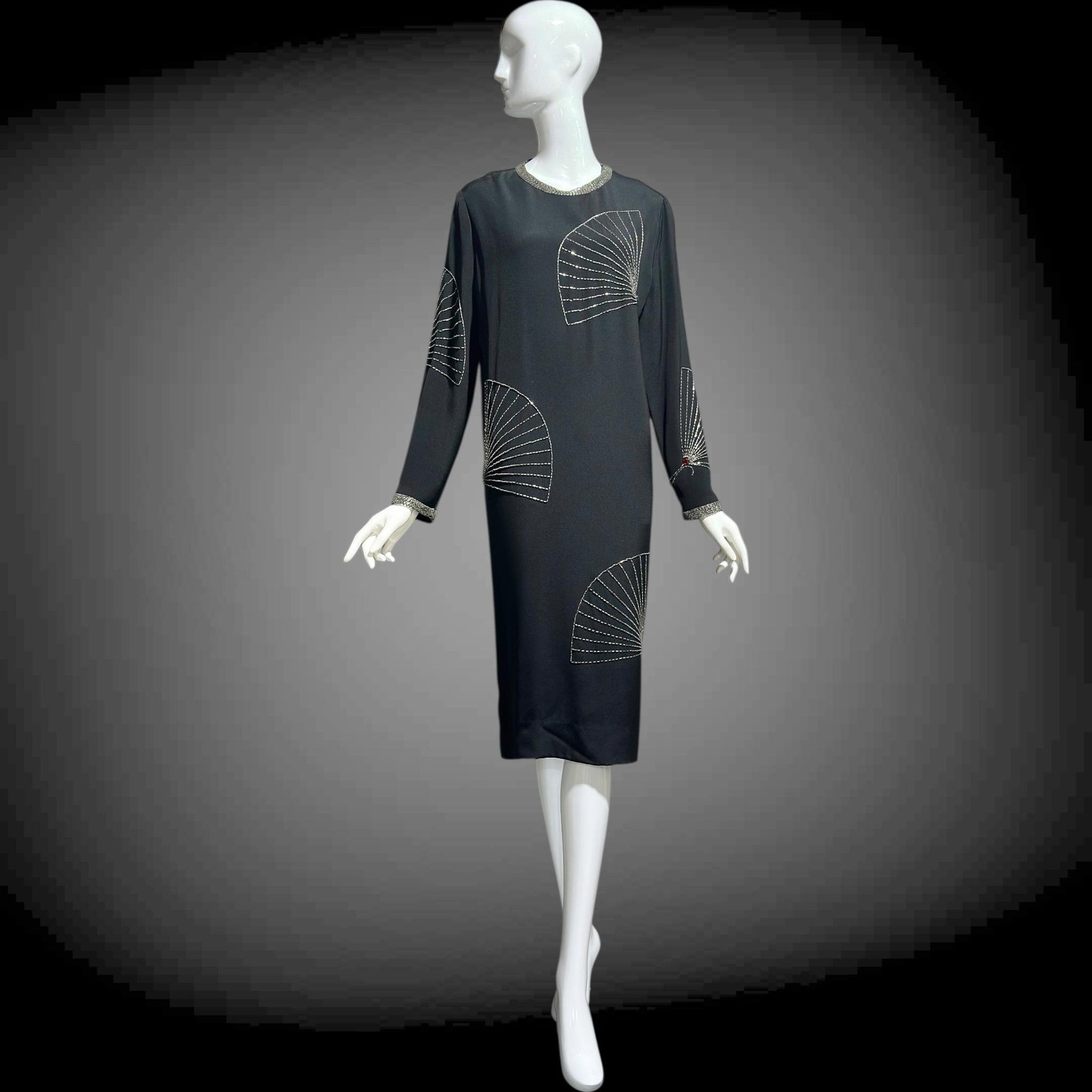 ADELE SIMPSON 1980s black cocktail party shift dress with beaded fans