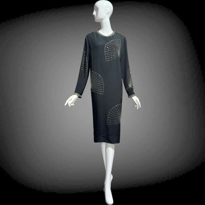 ADELE SIMPSON 1980s black cocktail party shift dress with beaded fans