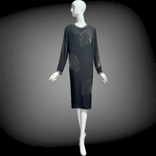 ADELE SIMPSON 1980s black cocktail party shift dress with beaded fans
