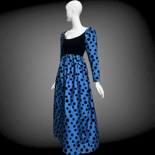 ADELE SIMPSON vintage 1960s evening dress, steel blue taffeta with black velvet flocked polka dots