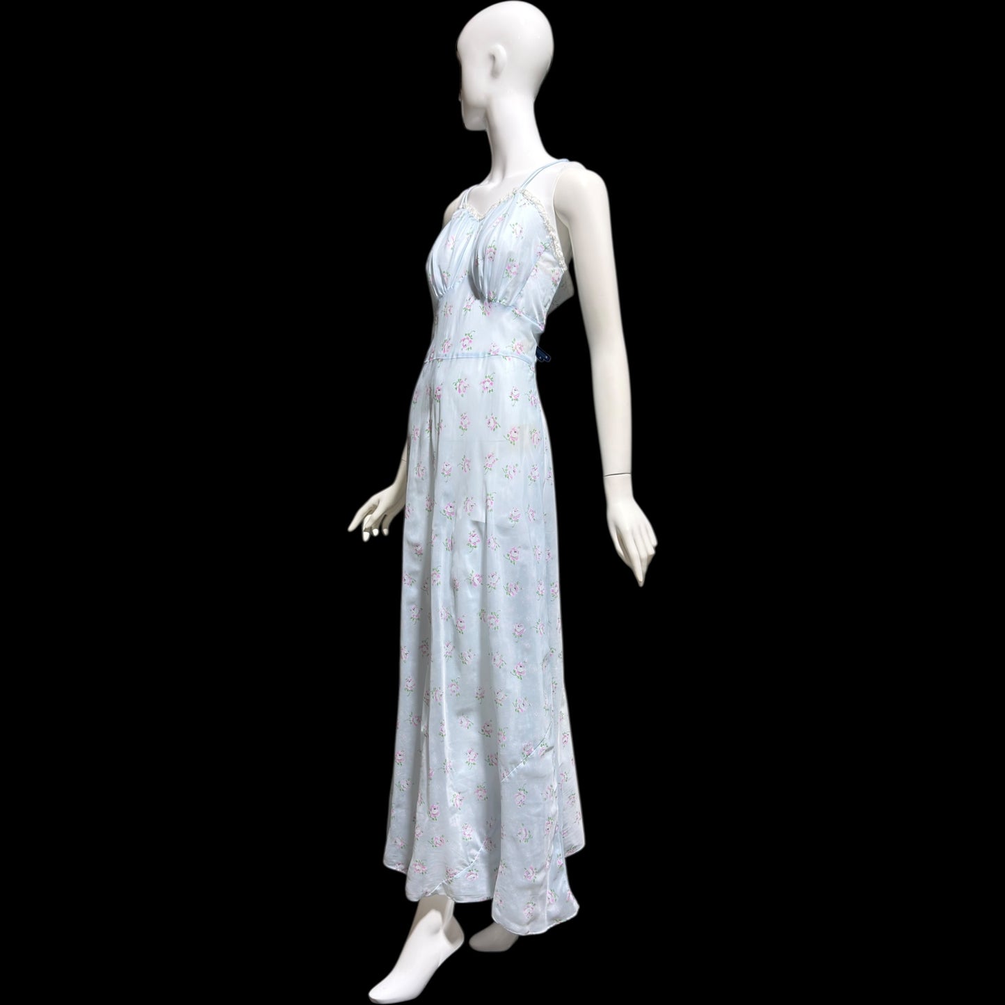 ALBERTA vintage 1940s nightgown slip dress, Sheer dusty blue with with pink rosebuds, Old Hollywood full length gown