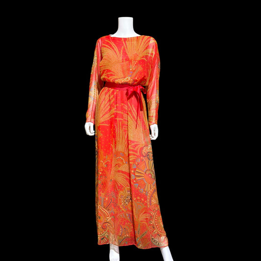 ALBERT CAPRARO vintage 1970s evening dress gown, SAKS designer blouson chiffon gown, medium