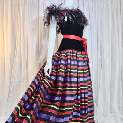 ALBERT CAPRARO vintage evening dress, 1970s Velvet and striped taffeta feathers off shoulder gown