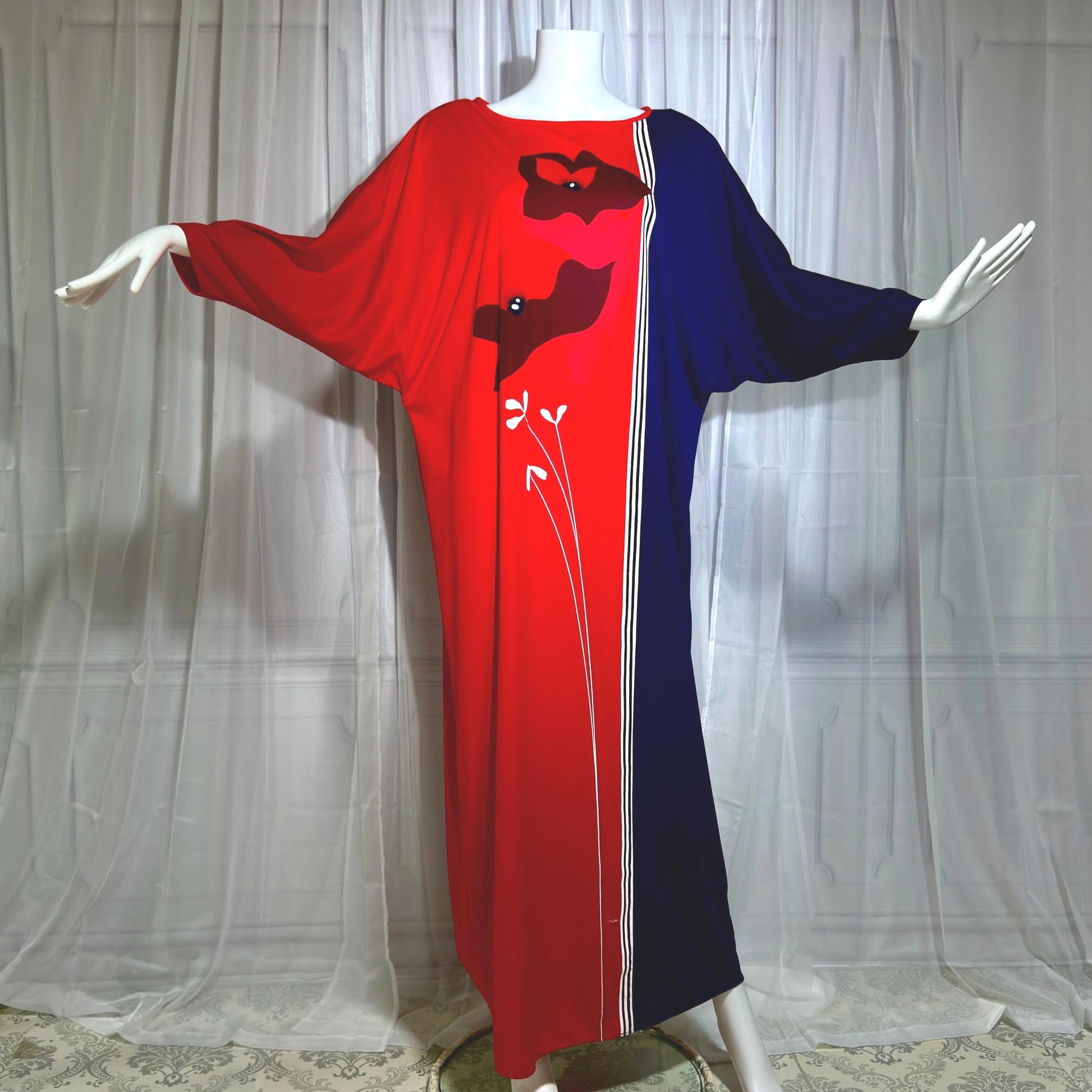 ALFRED SHAHEEN Vintage 1970s caftan dress, Hawaii screen print maxi house dress kaftan